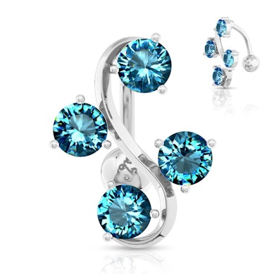 Reverse belly button ring with four staggered stones.