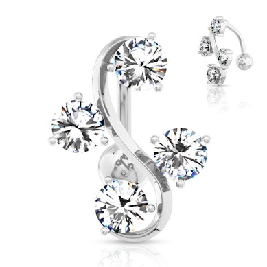 Reverse belly button ring with four staggered stones