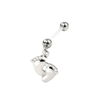 Pregnancy belly button ring with shiny feet dangle-Silver