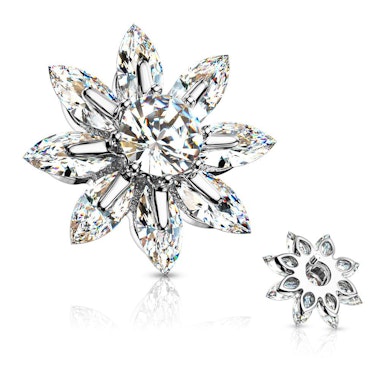 Dermal top with flower of studded petals and large central gem