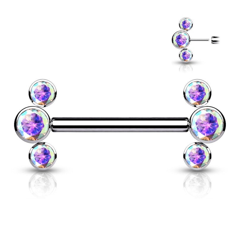 Threadless nipple barbell with 3 CZ bezel set ends. Piercing Jewelry