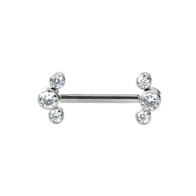 Threadless nipple barbell with 3 CZ bezel set ends
