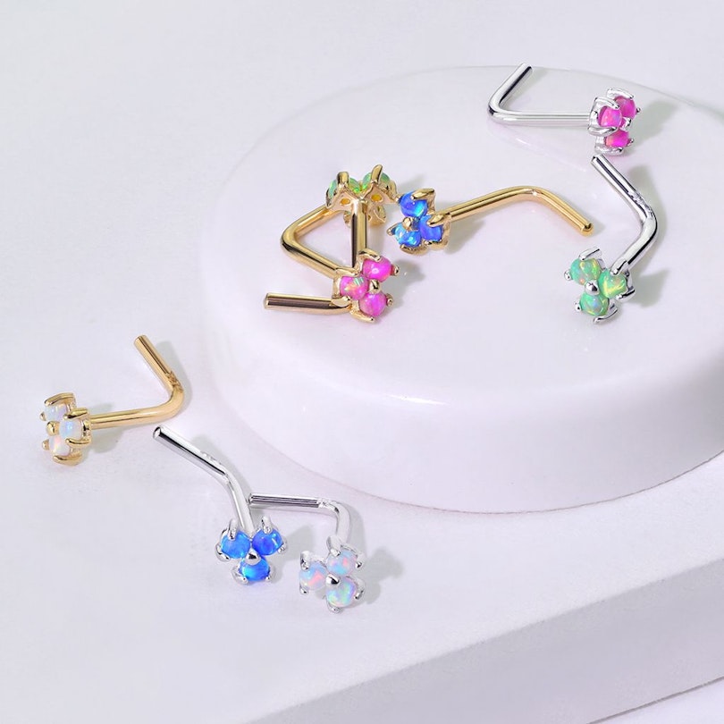 Nose ring L-shaped made of 14k gold with three opals Piercing