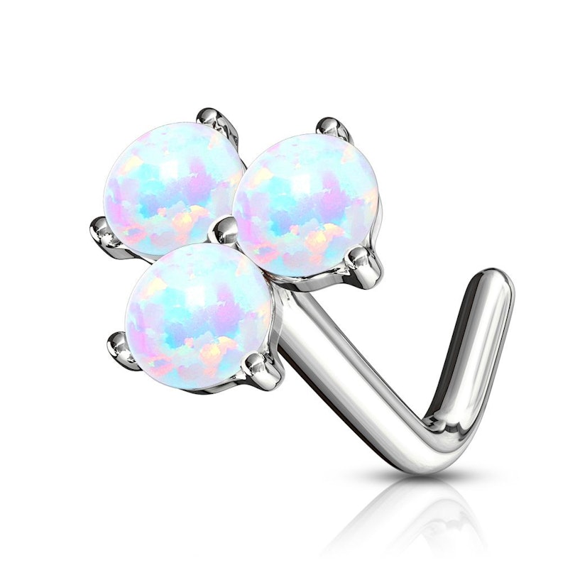 Nose ring L-shaped made of 14k gold with three opals Body Piercing