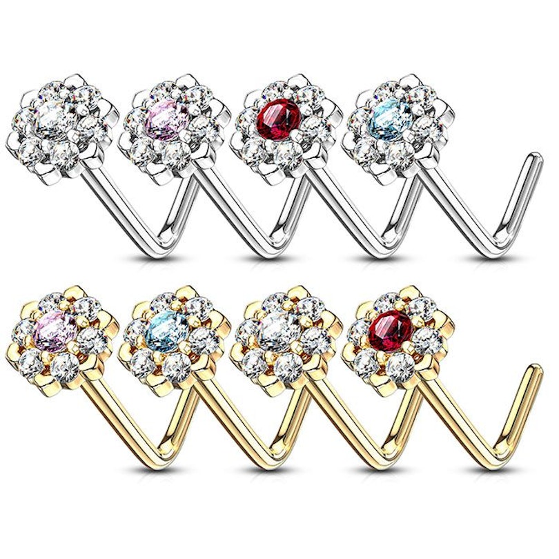 Nose ring made of 14k gold with studded lotus flower Body Piercing
