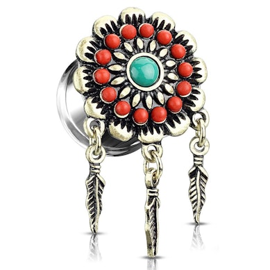 Plug with flower and hanging feathers