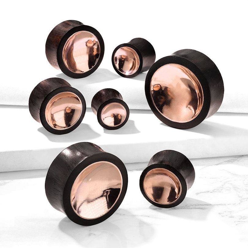 Flared wooden plug with copper front Piercing Jewelry