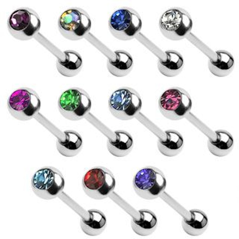 Tongue barbell made of titanium with bezel-set gem Piercings