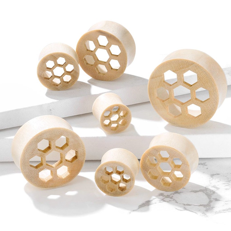 Tunnel made of wood with hexagonal design Piercing Jewelry