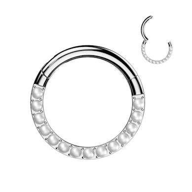 Titanium ring with forward facing pearls