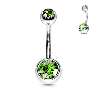 Belly button ring double jeweled made of surgical steel in a variety of colors.