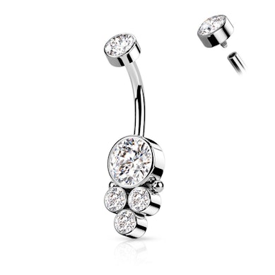 Titanium belly button ring with internal threading and round cluster stones