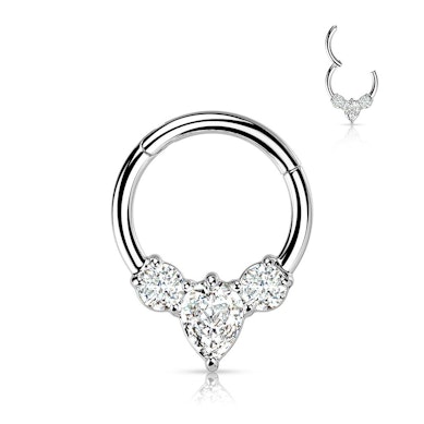 Hinged ring made of surgical steel with pear-shaped centre stone