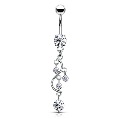 Belly button ring with s-shaped dangle and stones