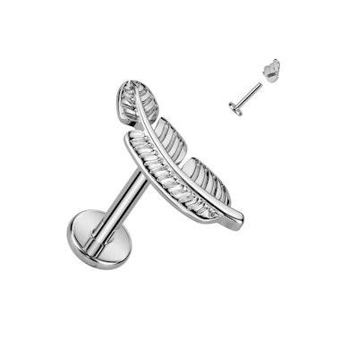 Titanium labret with an intricate feather