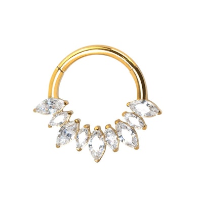 Hinged titanium ring with forward facing marquise stones