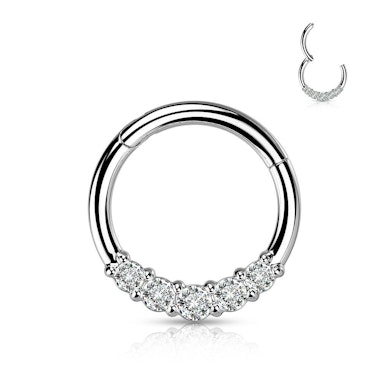 Hinged ring made of surgical steel with five gemstones