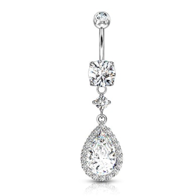 Belly button ring with drop-shaped stone dangle