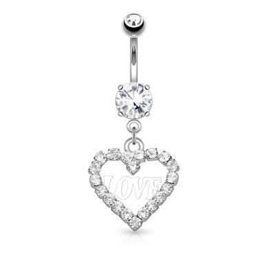 Belly button ring with studded heart and love text dangle