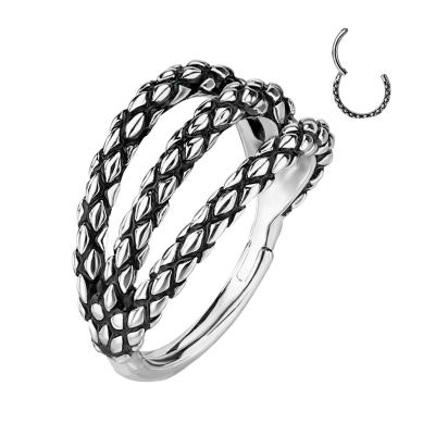 Triple hooped hinged ring with snakeskin design