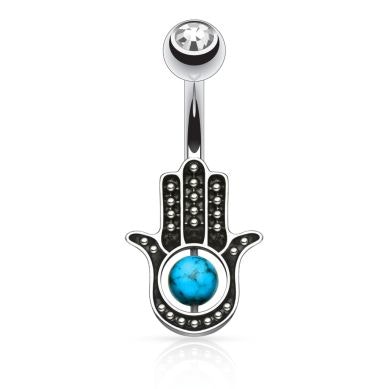 Belly button ring with turquoise in hamsa hand