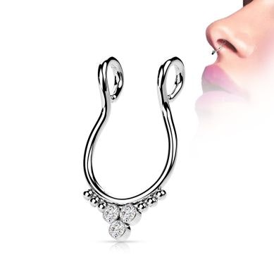 Fake septum ring with three stones and beads on each side