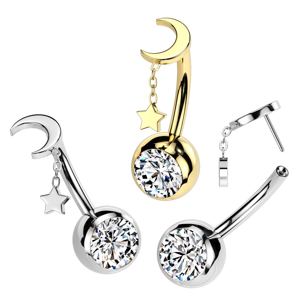 Titanium belly ring with floating moon and star