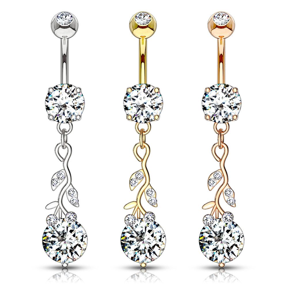 Belly button ring with studded branch dangle and stones