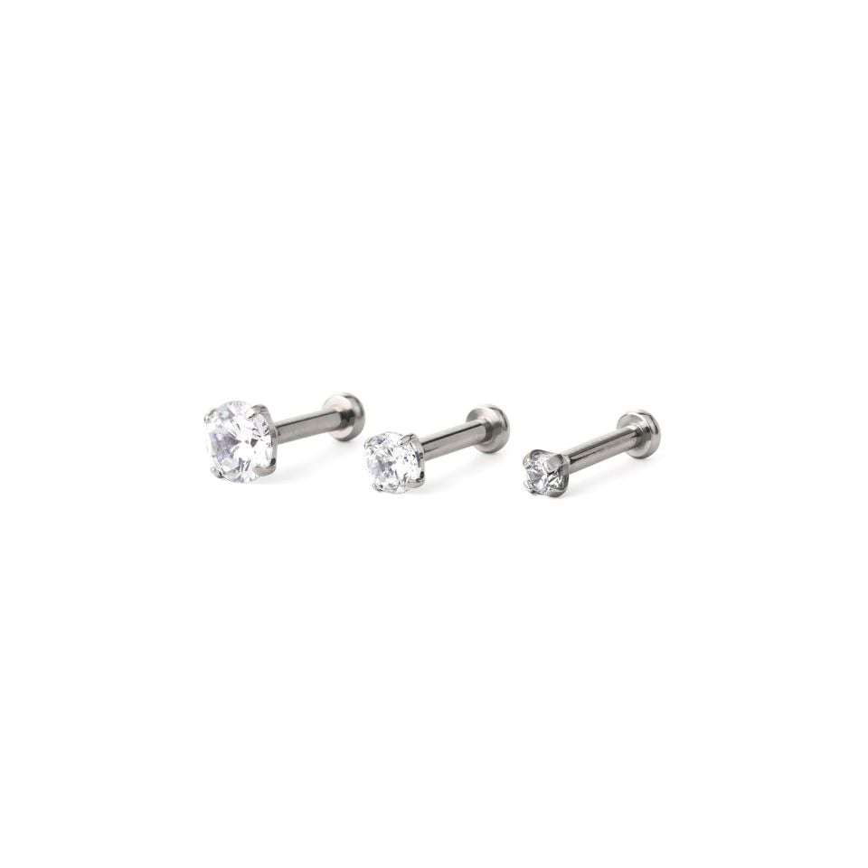 Push-in labret made of titanium with prong set stone