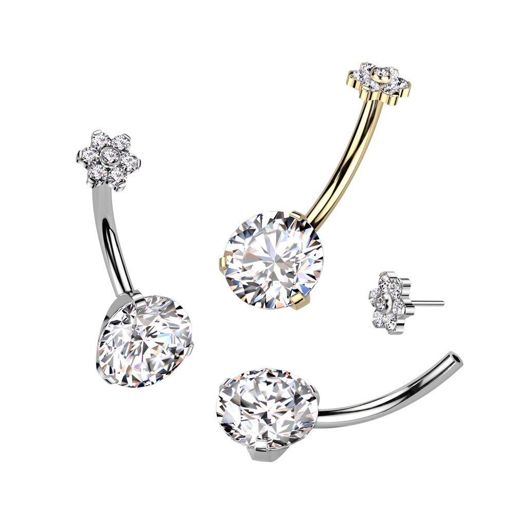 Belly ring with large stone and cute flower top