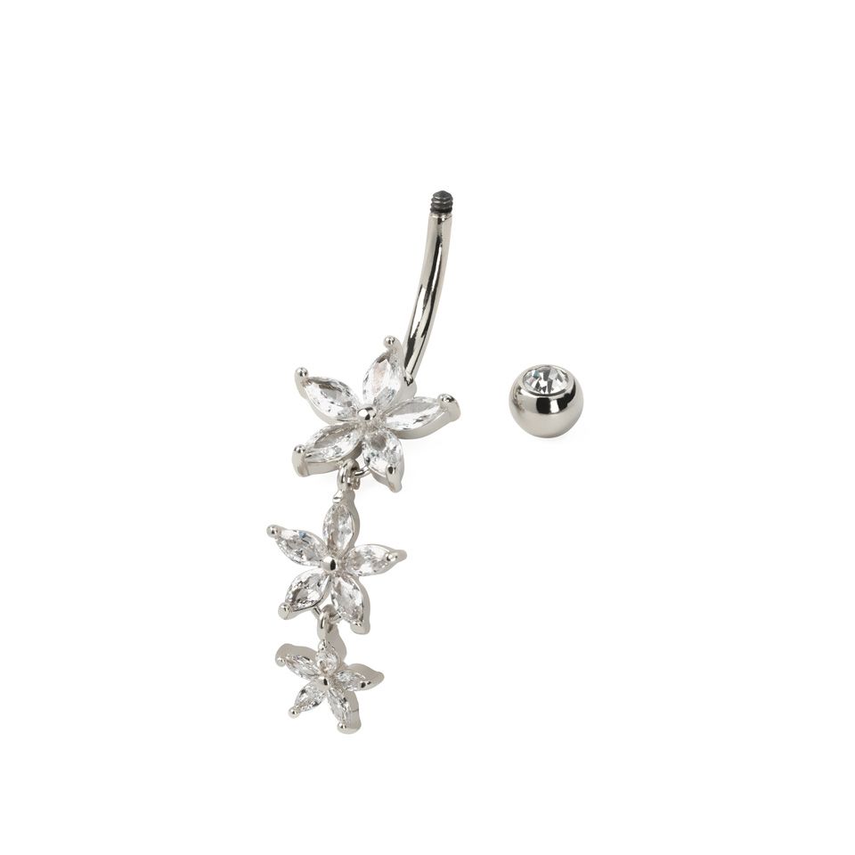 Belly button ring with three marquise stone flowers dangle