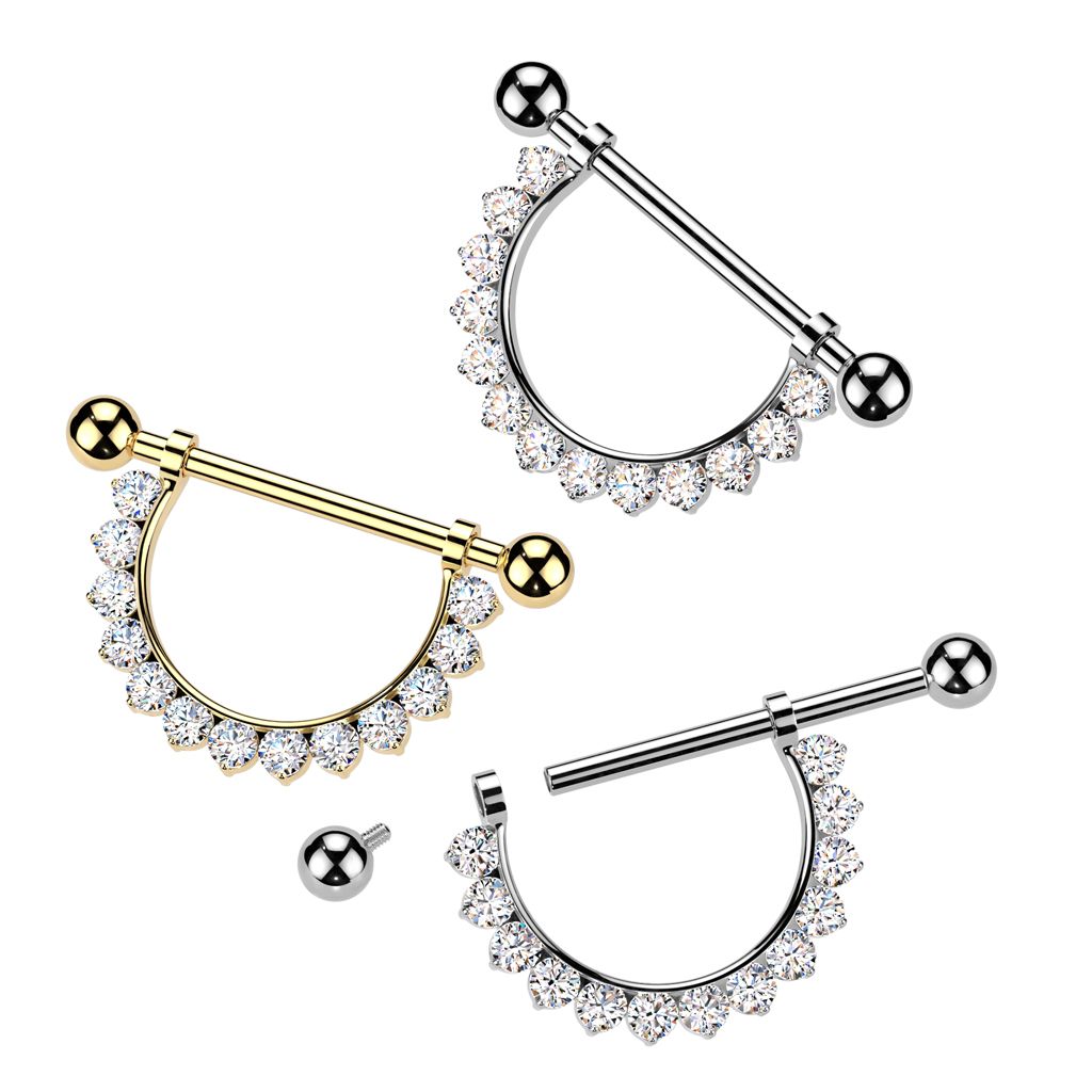 Titanium nipple barbell with CZ stone semi-circle