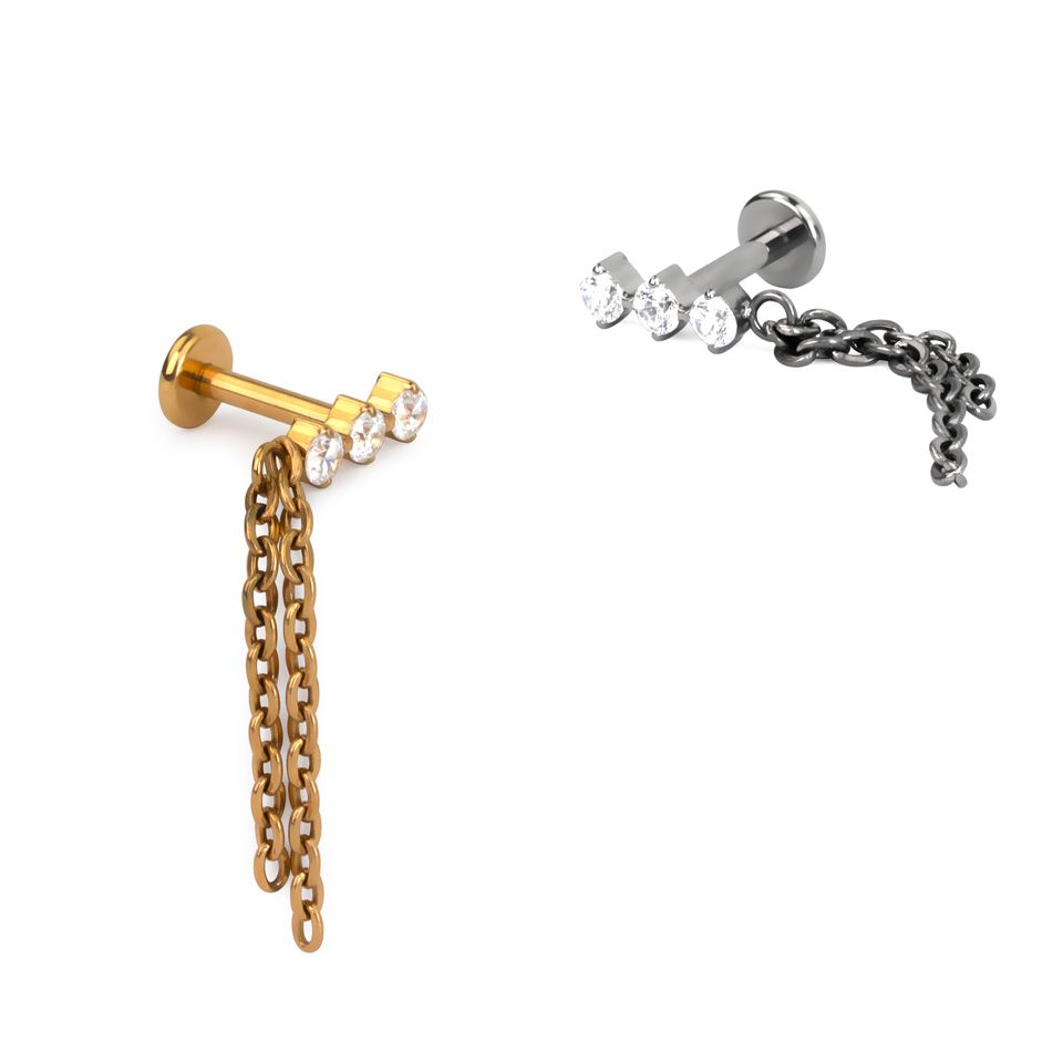 Titanium labret with trio of stones and double chain dangle