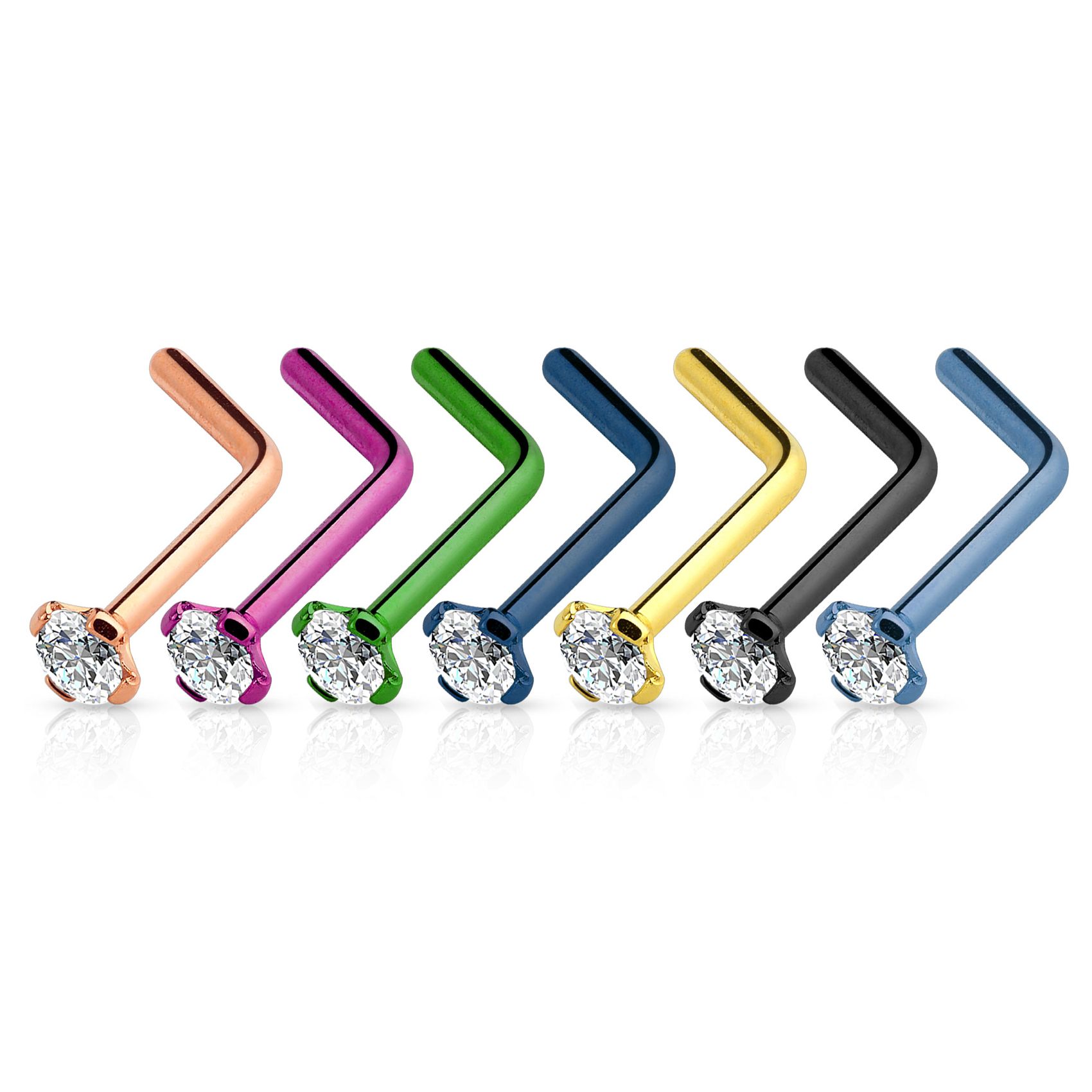 L shaped nose stud with prong set stone