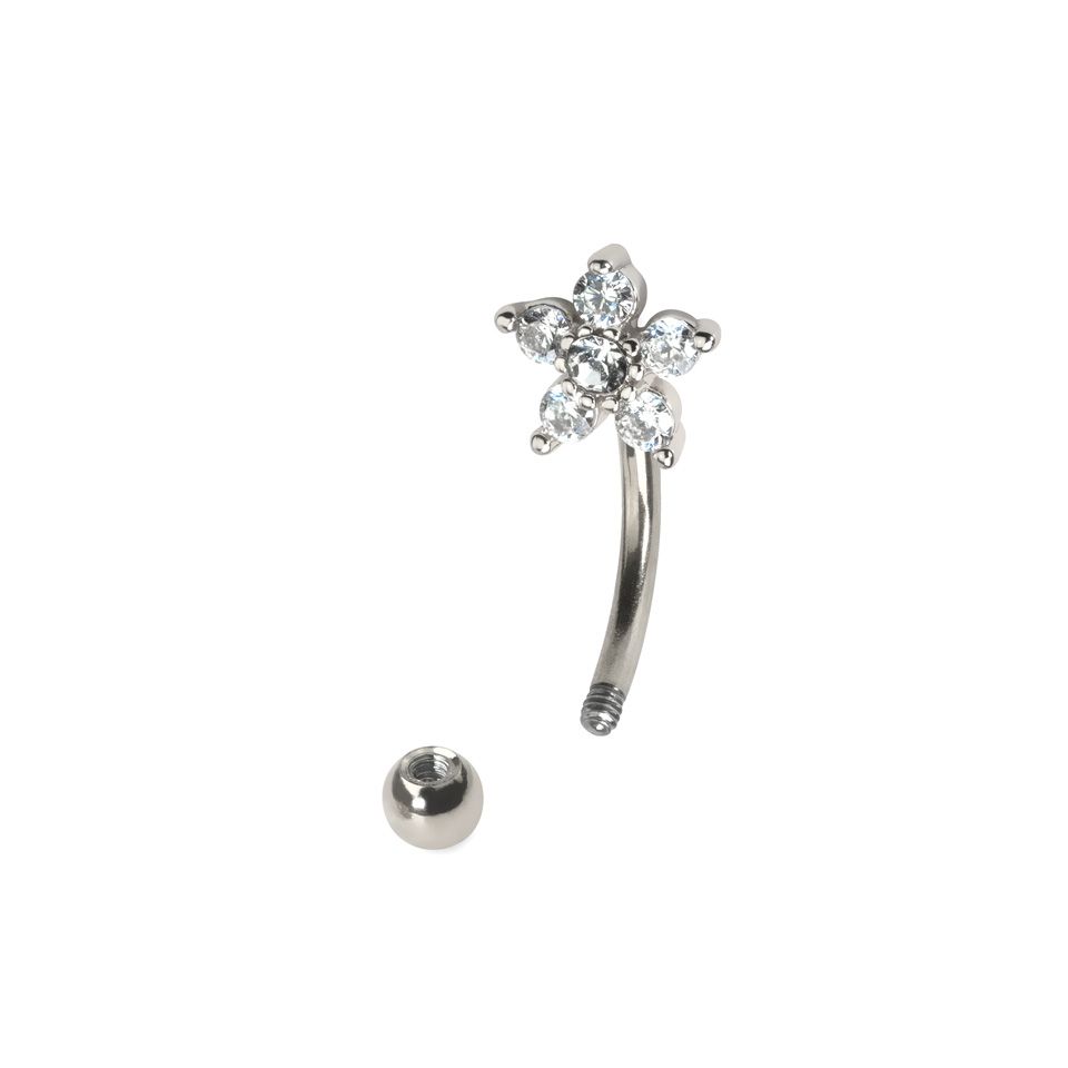Curved barbell with studded flower