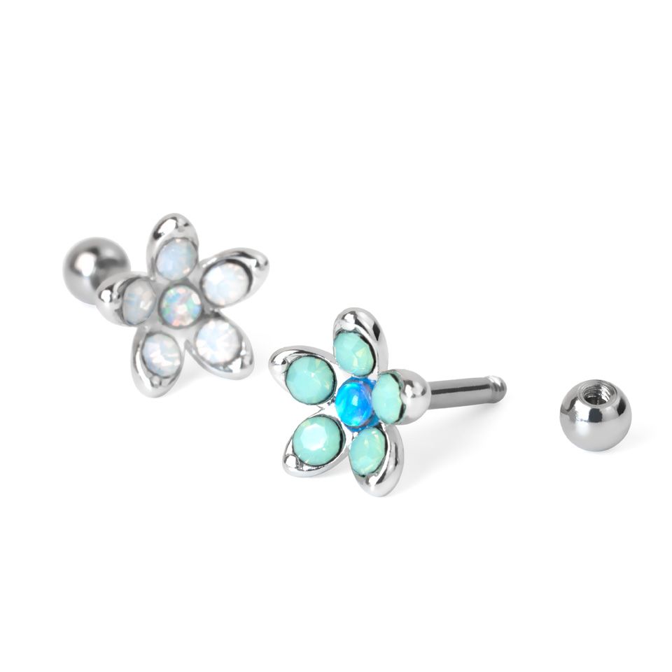 Ear piercing jewelry with top flower charm made with opalites and opal