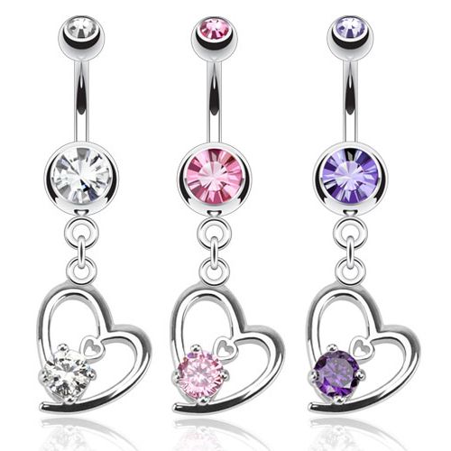 Belly button ring with heart and gem dangle