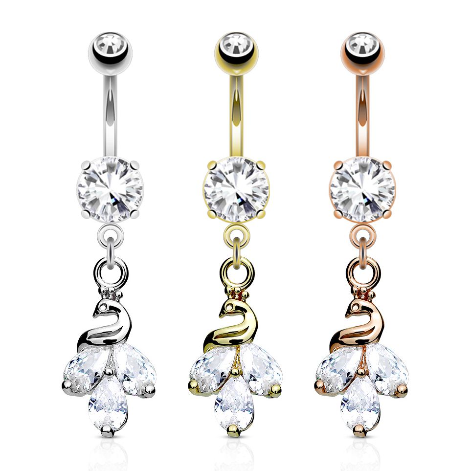 Belly button ring with peacock dangle