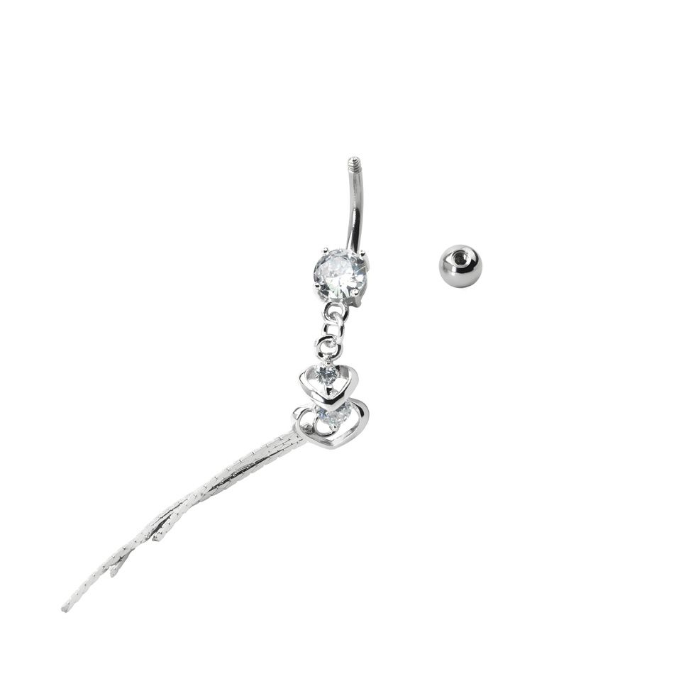 Belly button ring with double heart pendants and stones
