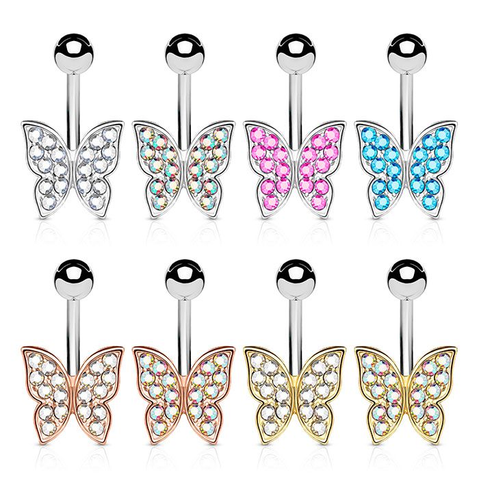 Belly button ring with studded butterfly charm