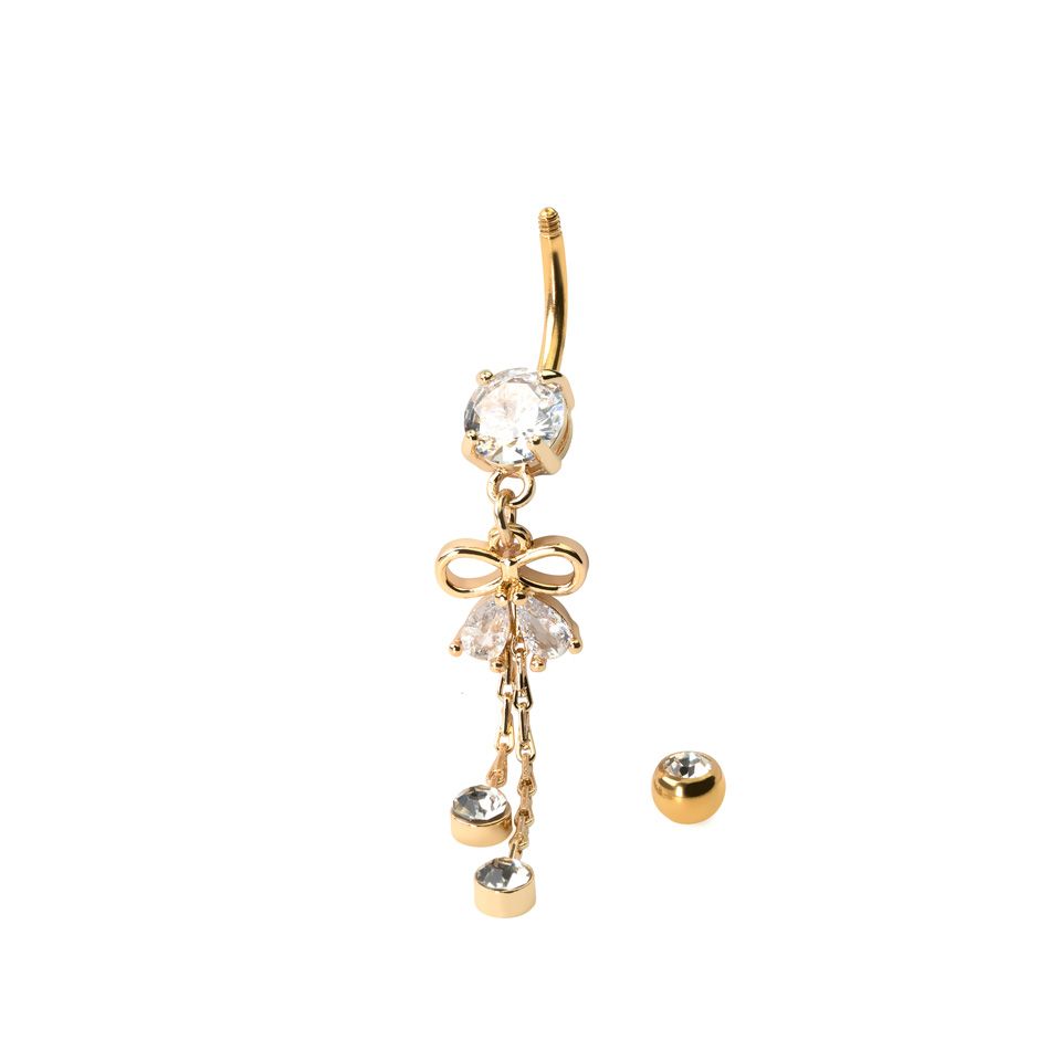 Belly button ring with bow and chain dangles