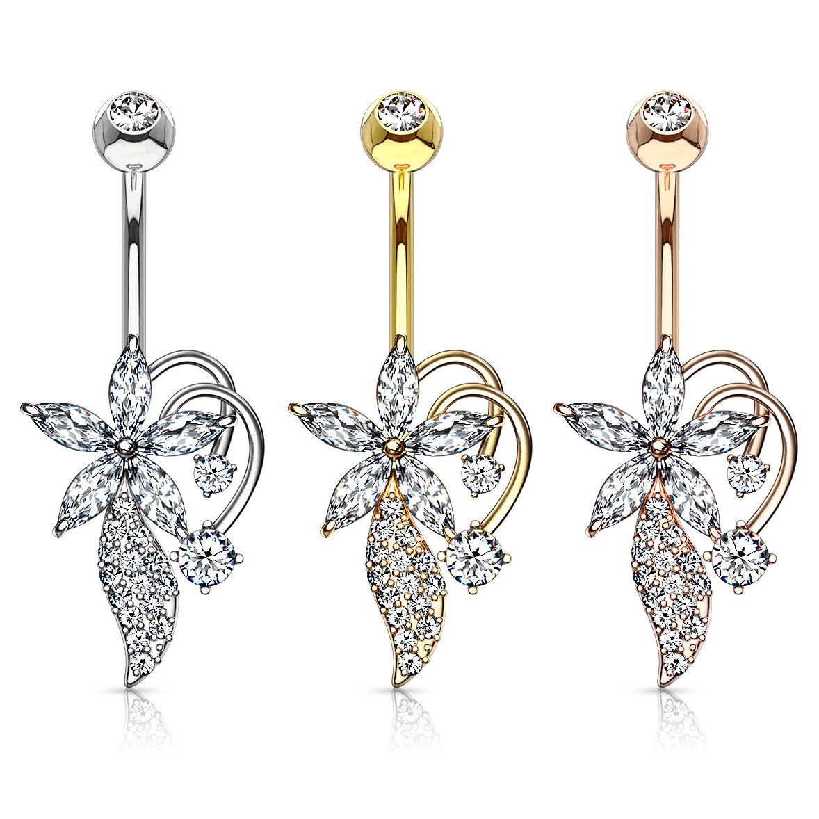 Belly button ring with marquise stones flower