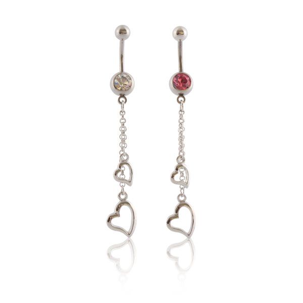 Belly button ring with heart and chain dangle