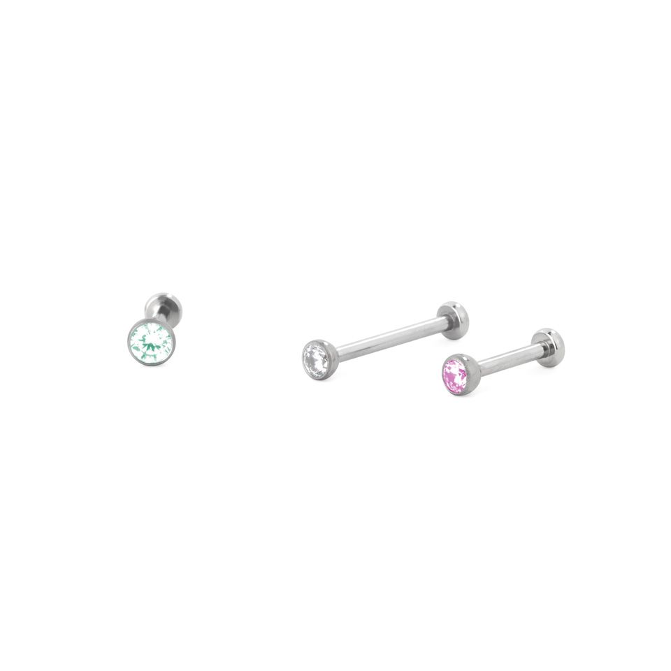 Push-in labret made of titanium with bezel set stone