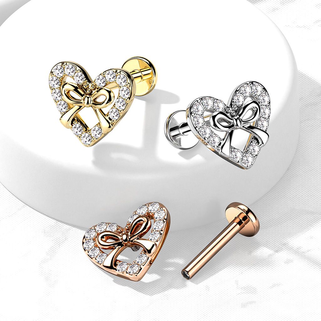 Labret with studded heart with bow and internal thread