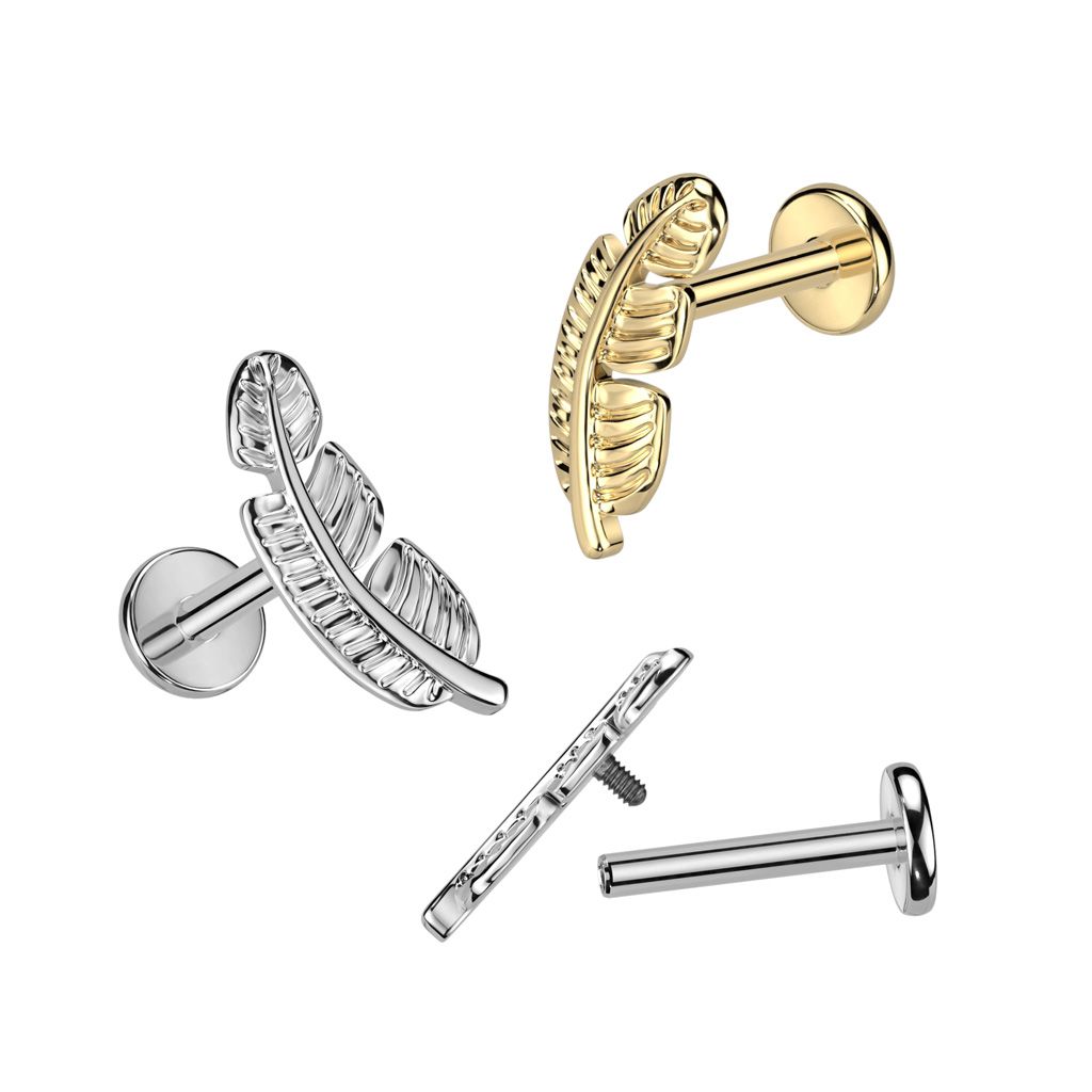 Titanium labret with an intricate feather