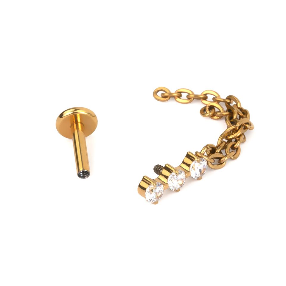 Titanium labret with trio of stones and double chain dangle
