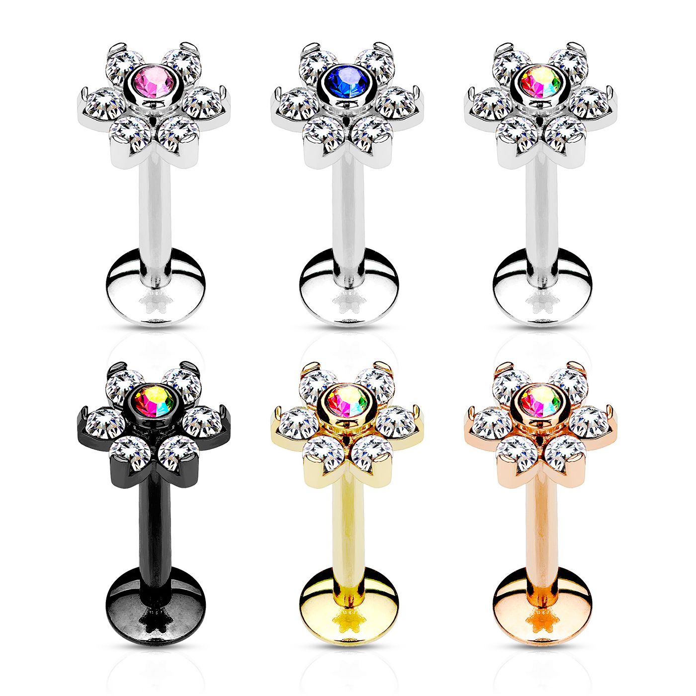 Labret with internally threaded post and top flower charm