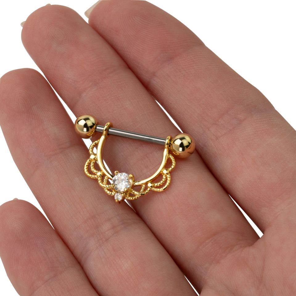 Nipple barbell with filigree and stones