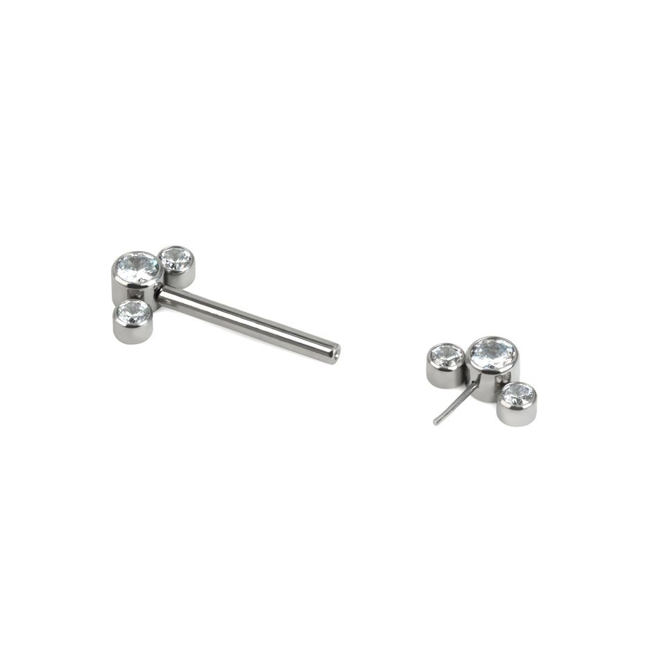 Threadless nipple barbell with 3 CZ bezel set ends